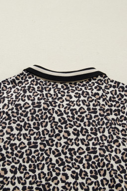 Khaki Leopard Print Zip Neck Striped Webbing Patchwork T Shirt Mini Dress