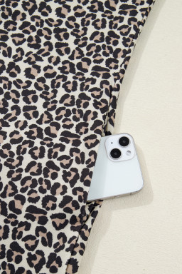 Khaki Leopard Print Zip Neck Striped Webbing Patchwork T Shirt Mini Dress