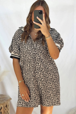 Khaki Leopard Print Zip Neck Striped Webbing Patchwork T Shirt Mini Dress