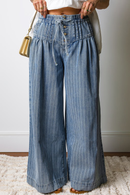 Sky Blue Stripe Button Pleated Drawstring Waist Casual Wide Leg Jeans