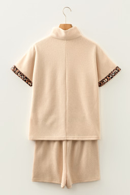 Parchment Leopard Trim Zipped Short Sleeve Casual Set