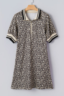 Khaki Leopard Print Zip Neck Striped Webbing Patchwork T Shirt Mini Dress