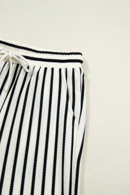 White Stripe Ruffle Trim Drop Shoulder Top Drawstring Loose Pant Set
