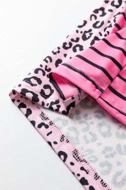 Pink Leopard Striped Patchwork Side Slit Loose Short Sleeve Top
