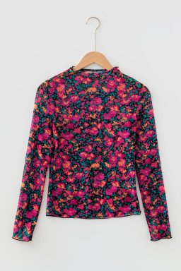 Rose Slim Fit Floral Mesh Long Sleeve Mock Neck Top