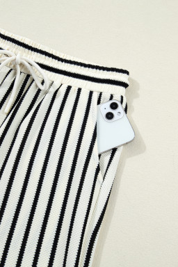 White Stripe Ruffle Trim Drop Shoulder Top Drawstring Loose Pant Set