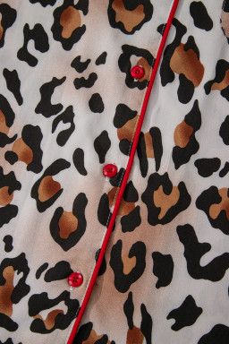 Khaki Plus Leopard Print Contrast Piping Striped Patchwork 2pcs Long Pajama Set