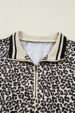 Khaki Leopard Print Zip Neck Striped Webbing Patchwork T Shirt Mini Dress