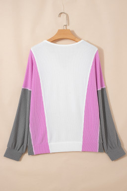 White Spiral Ribbed Raw Seam Color Block Patchwork Long Sleeve Top
