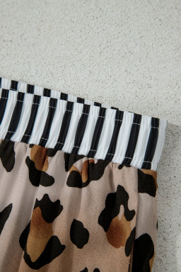 Khaki Plus Leopard Print Contrast Piping Striped Patchwork 2pcs Long Pajama Set