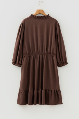 Coffee Plus Size Frilled Trim V Neck Puff Sleeve Textured Mini Dress