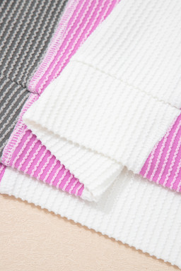 White Spiral Ribbed Raw Seam Color Block Patchwork Long Sleeve Top