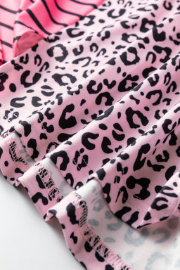 Pink Leopard Striped Patchwork Side Slit Loose Short Sleeve Top