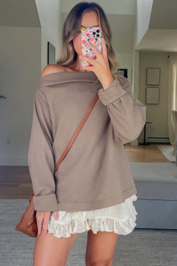 Old Rose Solid Color Waffle Knit Asymmetric Neck Long Sleeve Top