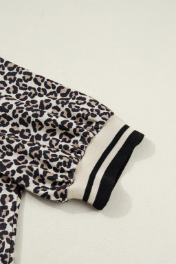 Khaki Leopard Print Zip Neck Striped Webbing Patchwork T Shirt Mini Dress