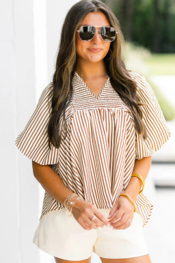 Brown Stripe Shirred V Neck Short Puff Sleeve Blouse
