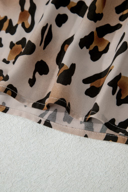 Khaki Plus Leopard Print Contrast Piping Striped Patchwork 2pcs Long Pajama Set