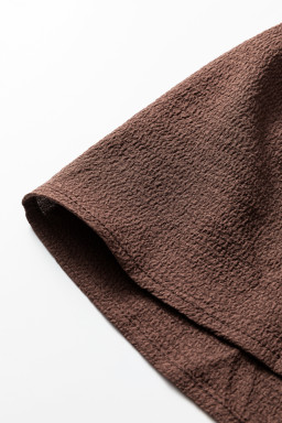 Coffee Plus Size Frilled Trim V Neck Puff Sleeve Textured Mini Dress