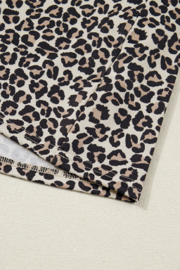 Khaki Leopard Print Zip Neck Striped Webbing Patchwork T Shirt Mini Dress