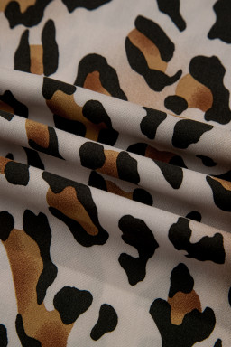 Khaki Plus Leopard Print Contrast Piping Striped Patchwork 2pcs Long Pajama Set