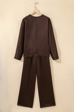 Dark Brown Braided V Neck Long Sleeve Loose Top and Drawstring High Waist Pants 2pcs Outfit