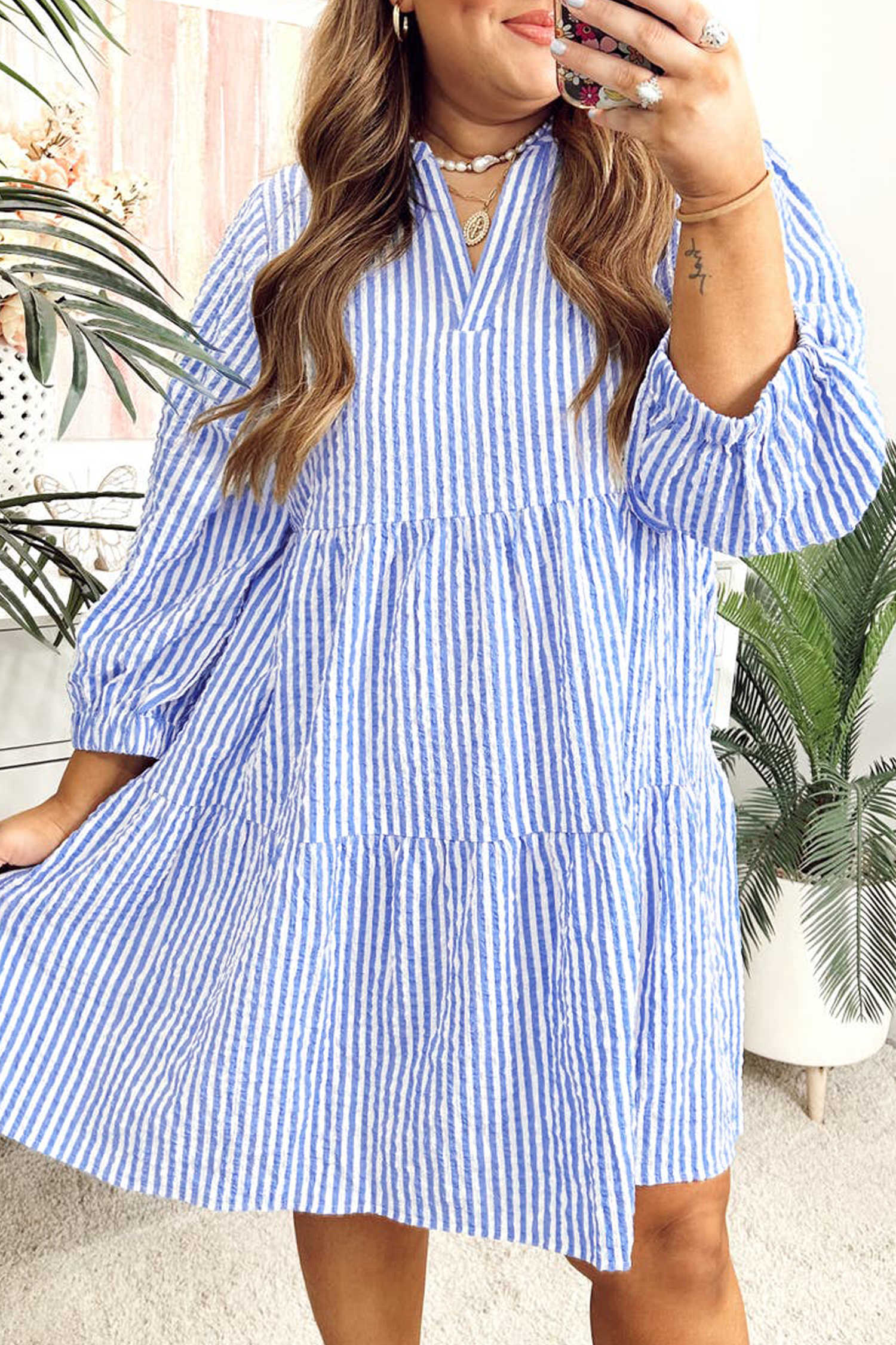 Sky Blue Stripe Seersucker Textured Notched Neck Long Puff Sleeve Tiered Curvy Dress