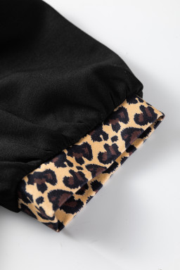 Black Leopard Patchwork Zip Collared Short Puff Sleeve Shift Mini Dress