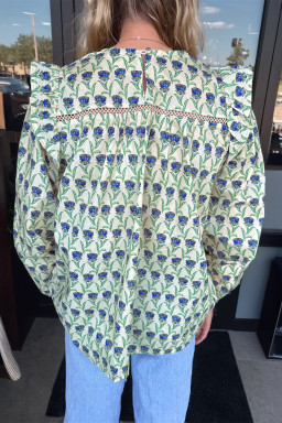 Green Floral Print Lace Detail Ruffle Trim Long Sleeve Blouse