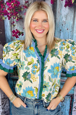 Sky Blue Plus Size Frilled V Neck Short Sleeve Floral Blouse