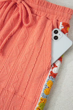 Grapefruit Orange Crochet Floral Accent V Neck Textured Pants Set