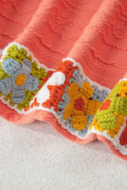 Grapefruit Orange Crochet Floral Accent V Neck Textured Pants Set