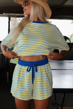 Yellow Stripe Drop Shoulder Boxy Casual Terry Short Set