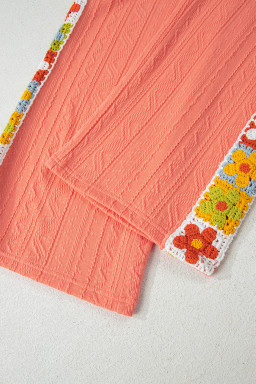 Grapefruit Orange Crochet Floral Accent V Neck Textured Pants Set