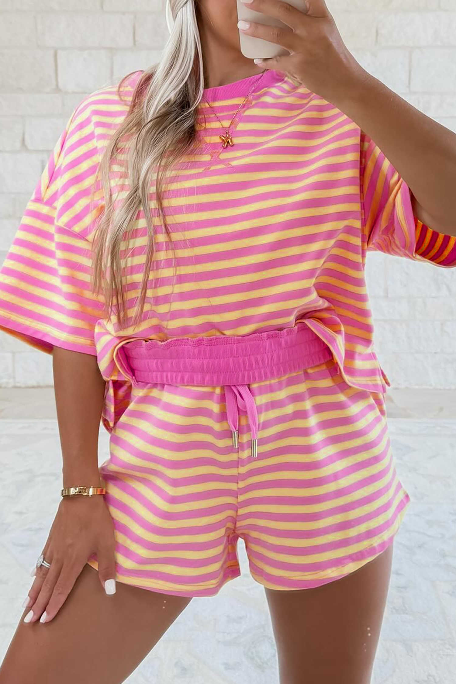Rose Stripe Drop Shoulder Boxy Casual Terry Short Set