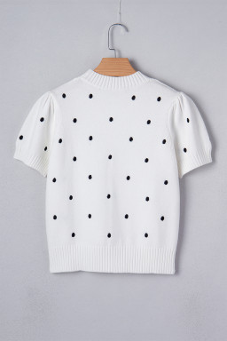 White Elegant Polka Dot Bubble Short Sleeve Sweater