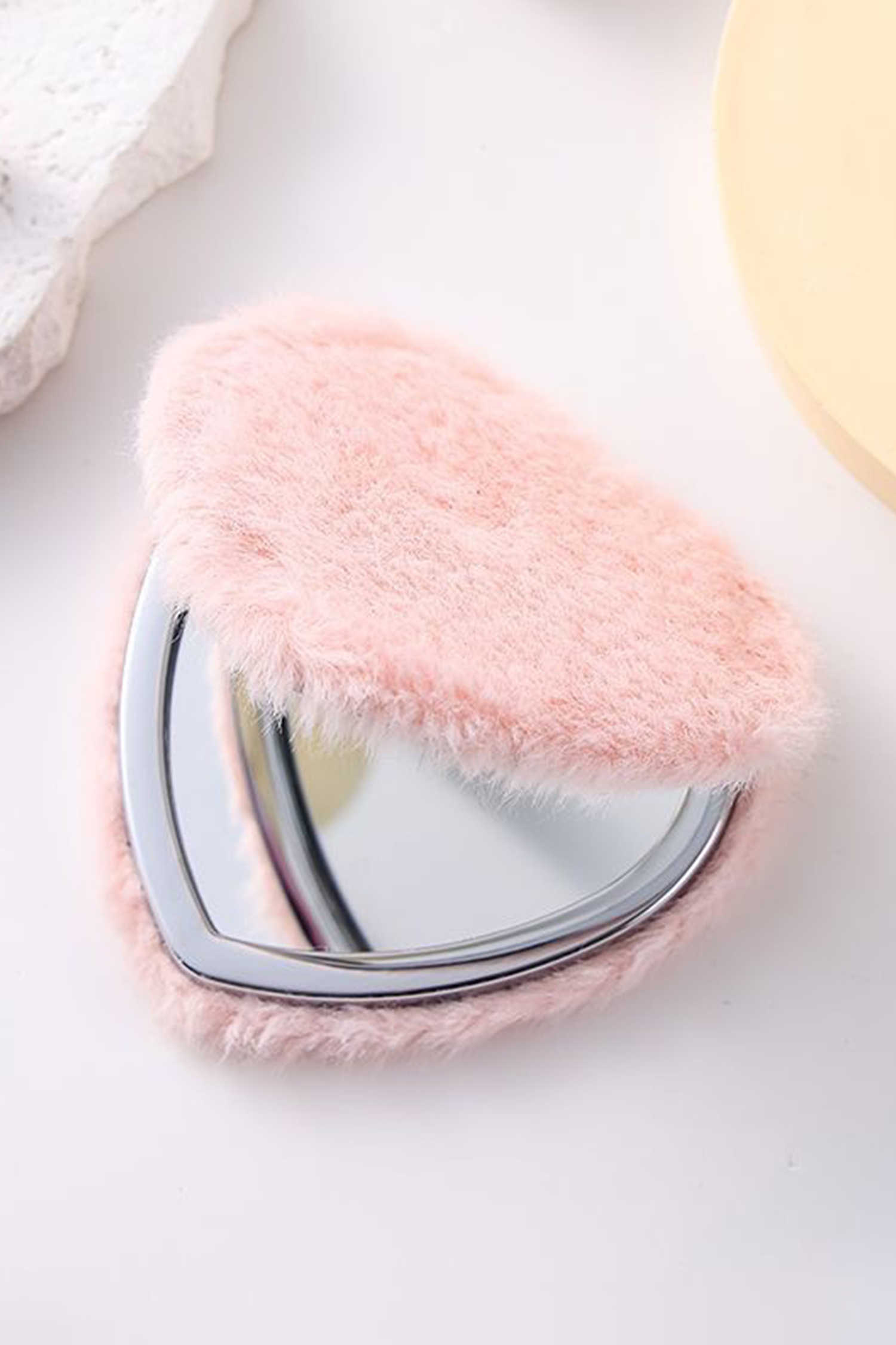 Pink Heart Shape Double Sides Fluffy Cute Mini Cosmetic Mirror