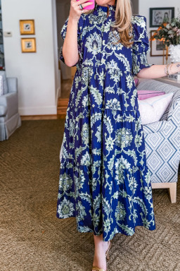 Blue Wild Floral Print Frilled Collar Half Sleeve Long Dress