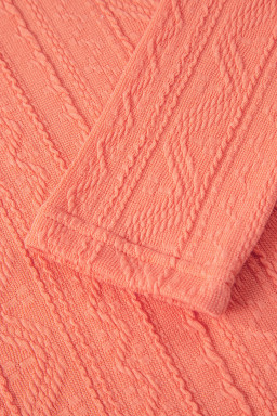 Grapefruit Orange Crochet Floral Accent V Neck Textured Pants Set