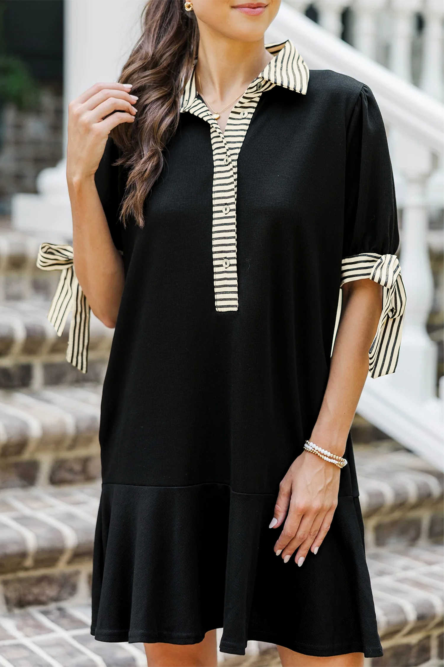 Black Stripe Detail Polo Collar Half Buttons Tied Short Sleeve Shift Mini Dress