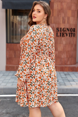 Beige Plus Size Floral Print V Neck Long Sleeve Babydoll Short Dress