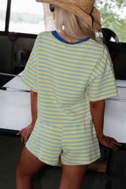 Yellow Stripe Drop Shoulder Boxy Casual Terry Short Set