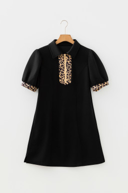 Black Leopard Patchwork Zip Collared Short Puff Sleeve Shift Mini Dress