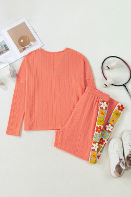 Grapefruit Orange Crochet Floral Accent V Neck Textured Pants Set