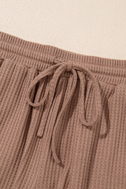 Chestnut Solid Color Waffled V Neck Loose Tee Drawstring Shorts Set