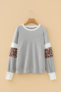 Gray Leopard Print Colorblock Patchwork Ribbed Knit Top