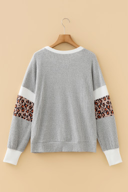 Gray Leopard Print Colorblock Patchwork Ribbed Knit Top
