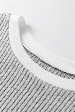 Gray Leopard Print Colorblock Patchwork Ribbed Knit Top