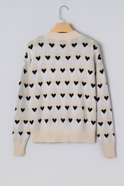 Parchment Geometric Heart Print Ribbed Trim Loose Sweater