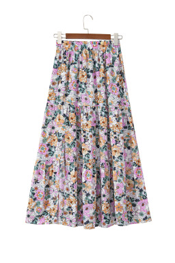 Sky Blue Bohemian Floral Print Tiered Maxi Skirt with Split