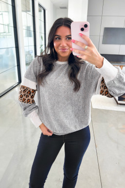 Gray Leopard Print Colorblock Patchwork Ribbed Knit Top